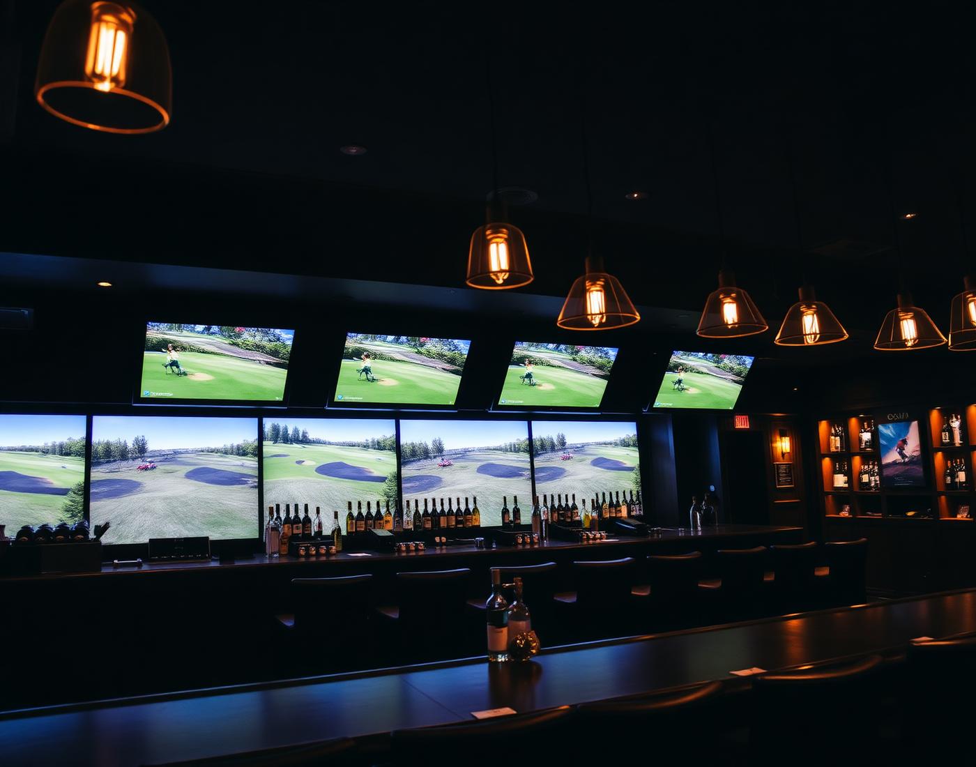 Clubhouse lounge with drinks and Toptracer displays