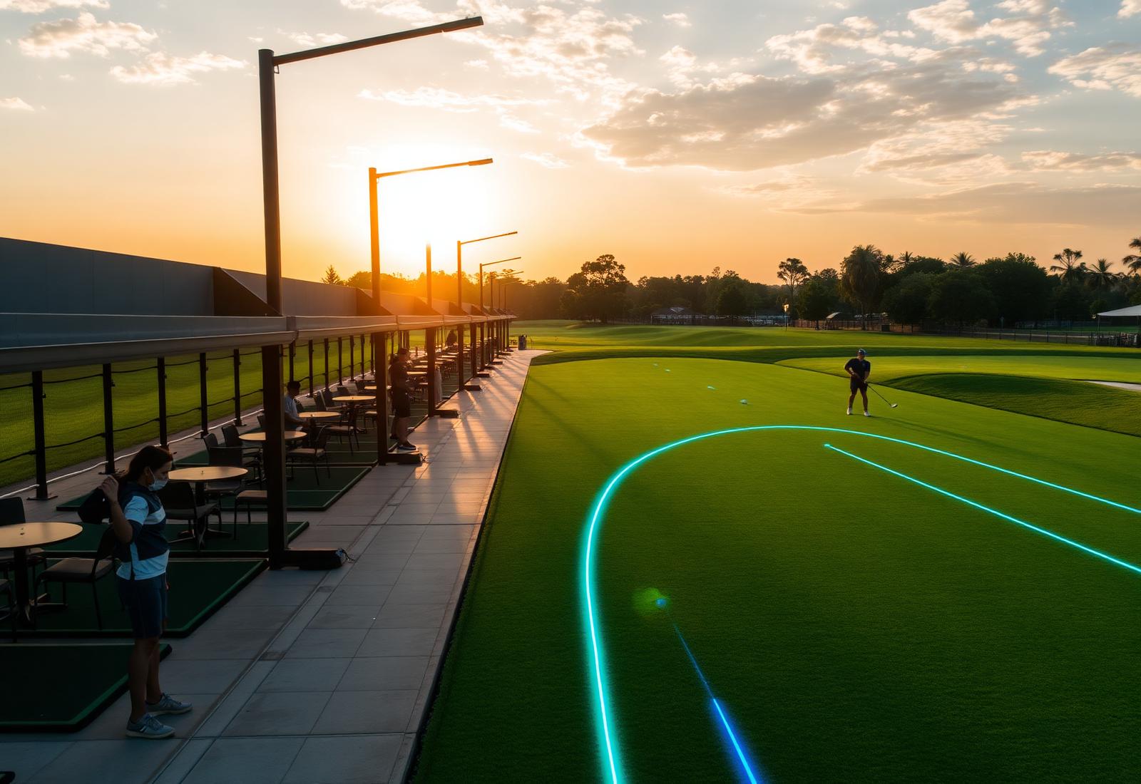 Outdoor Toptracer driving range at sunset with tracer lines on the range